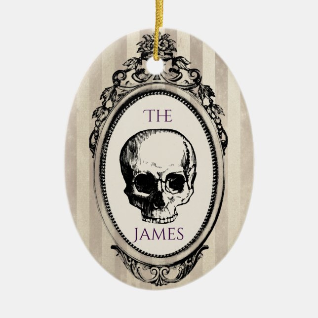 Gothic Christmas Skull Ceramic Ornament (Front)