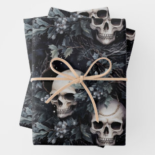 Gothic Christmas Skull & Holly Wrapping Paper Sheets