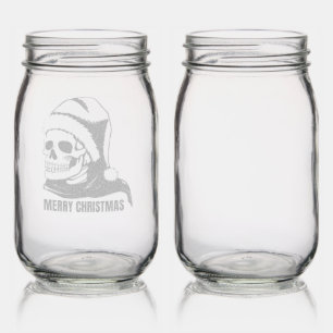 Gothic Christmas Skull with Santa Hat Mason Jar