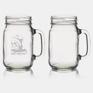 Gothic Christmas Skull with Santa Hat Mason Jar W/ Handle