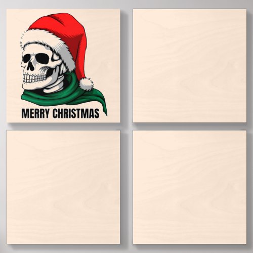 Gothic Christmas Skull with Santa Hat Wood Photo Tile
