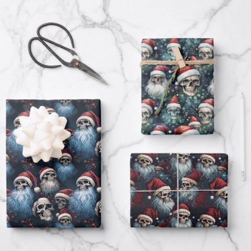 Gothic Christmas Skulls in Santa Hats Gothmas Wrapping Paper Sheets