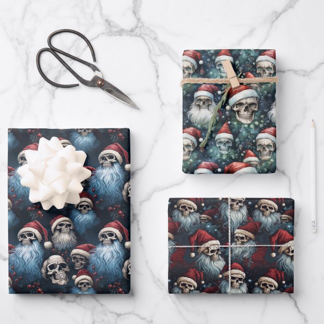 Gothic Christmas Skulls in Santa Hats Gothmas Wrapping Paper Sheets (Front)