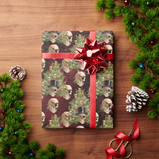 Gothic Christmas Tree Skulls and Lights Red Wrapping Paper (Holiday Gift)