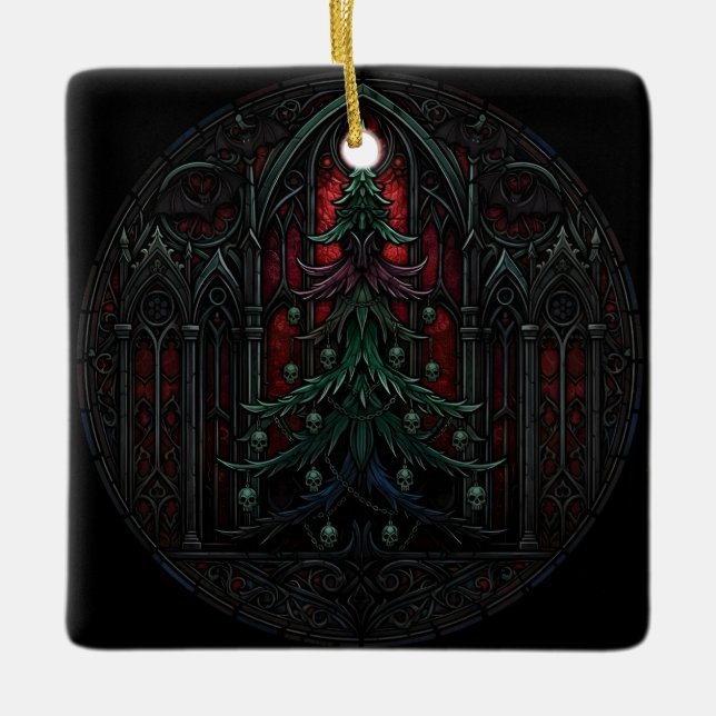 Gothic Christmas Tree Skulls  Ceramic Ornament (Front)