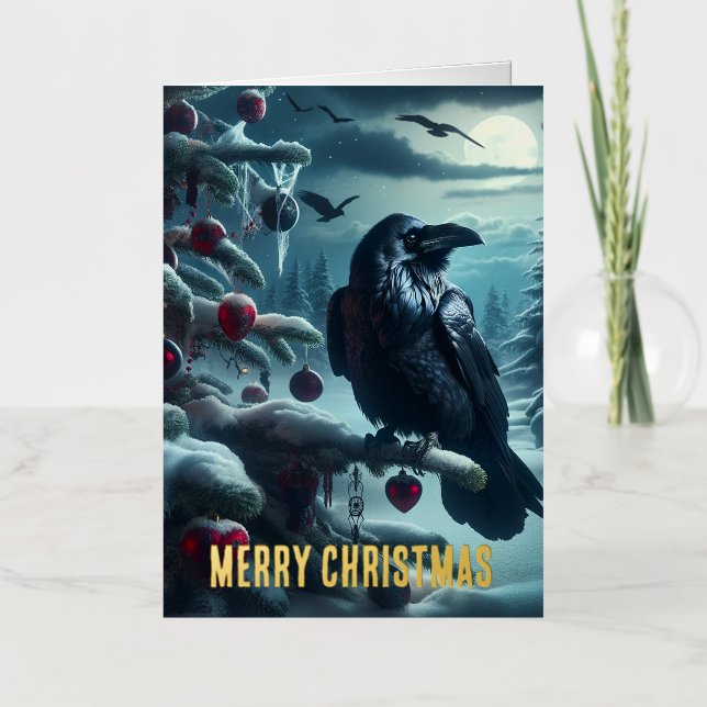 Gothic Christmas Tree With Hearts and Ravens Foil Greeting Card (Front)