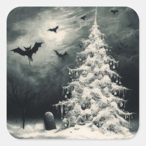 Gothic Christmas Tree with Spooky Bats Horror Square Sticker