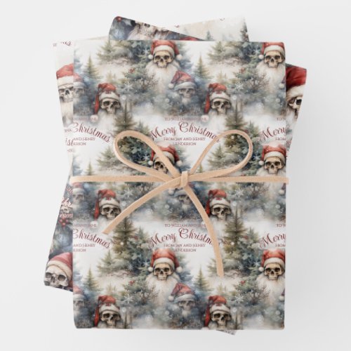 Gothic Christmas Winter Scene Skulls in Santa Hats Wrapping Paper Sheets