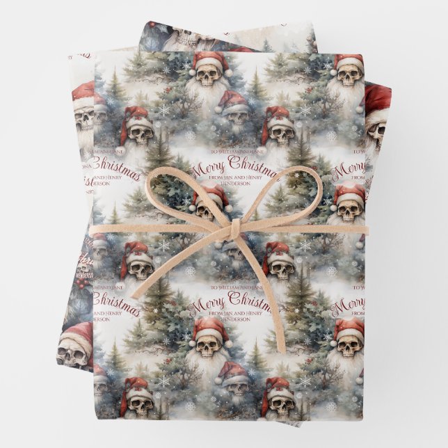 Gothic Christmas Winter Scene Skulls in Santa Hats Wrapping Paper Sheets (In situ)