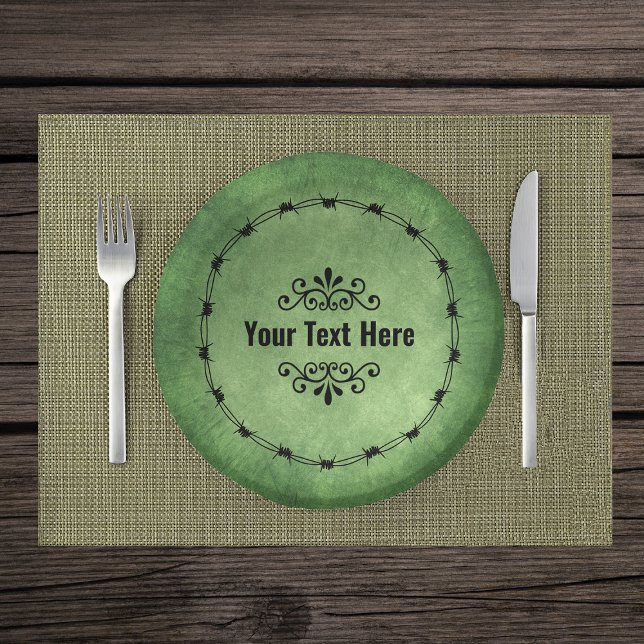 Gothic Circle Black Barbed Wire Scrolls on Green Paper Bowls (Gothic circle black barbed wire ornate black scrolls on grungy green paper party bowls.)