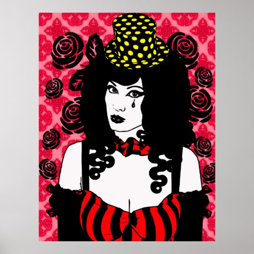 Gothic Circus Clown Woman Black Roses Original art Poster