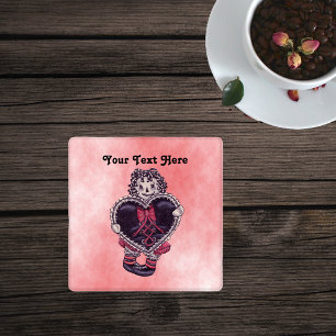 Gothic Cloth Doll Yarn Hair Black Heart Lace Pink Coaster Set