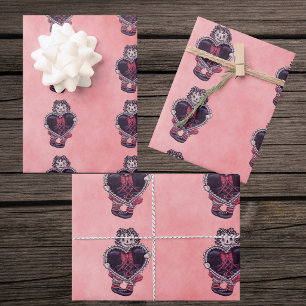 Gothic Cloth Dolls Big black Heart Bow Pinks Wrapping Paper Sheets