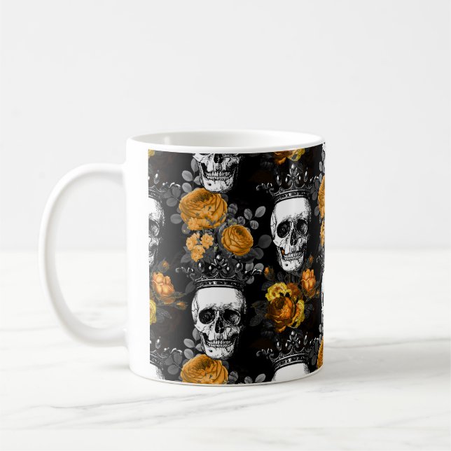 Gothic Coffee Mug Skulls n Crowns Orange Black (Left)