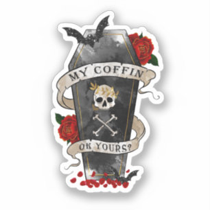 Gothic Coffin & Skull with Red Rose Sticker