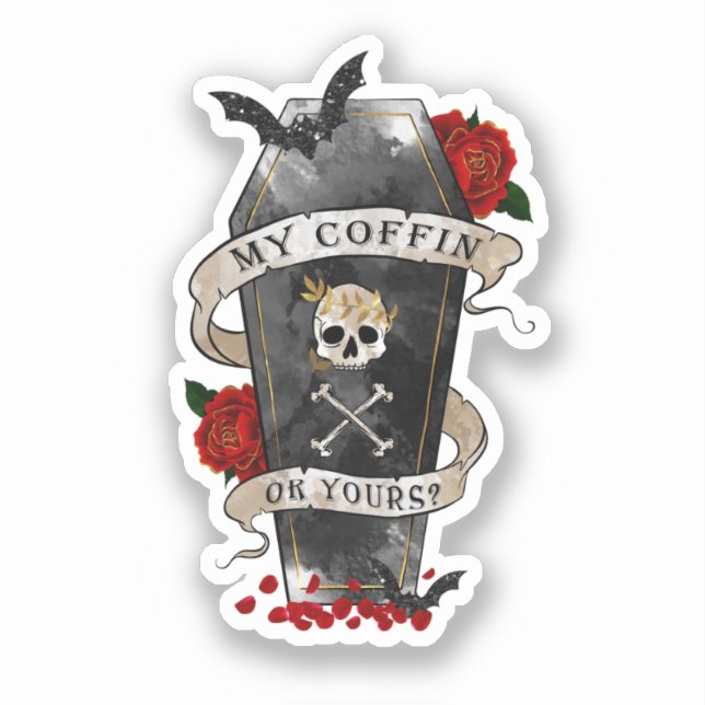 Gothic Coffin & Skull with Red Rose Sticker (Front)