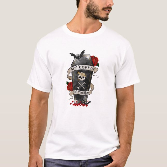 Gothic Coffin & Skull with Red Rose T-Shirt (Front)