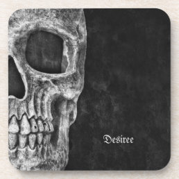 Gothic Cool Half Skull Head Black And White Grunge Beverage Coaster