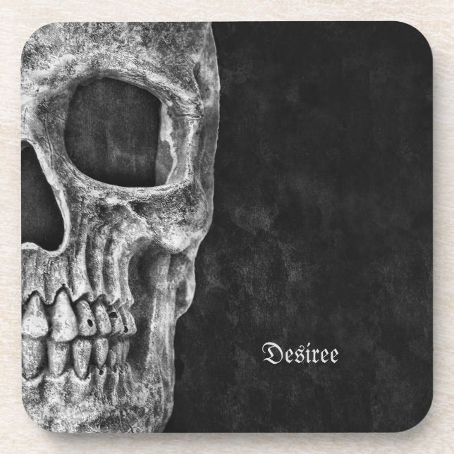 Gothic Cool Half Skull Head Black And White Grunge Beverage Coaster (Front)