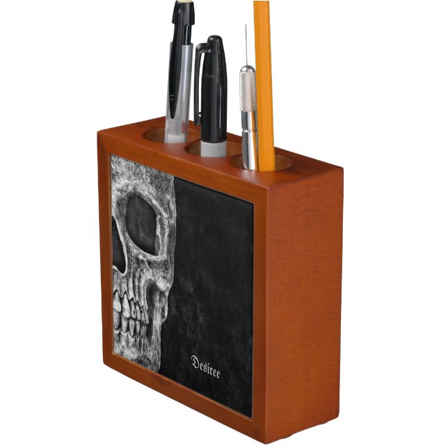 Gothic Cool Half Skull Head Black And White Grunge Desk Organizer (In Situ)