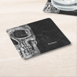 Gothic Cool Half Skull Head Black And White Grunge Square Paper Coaster