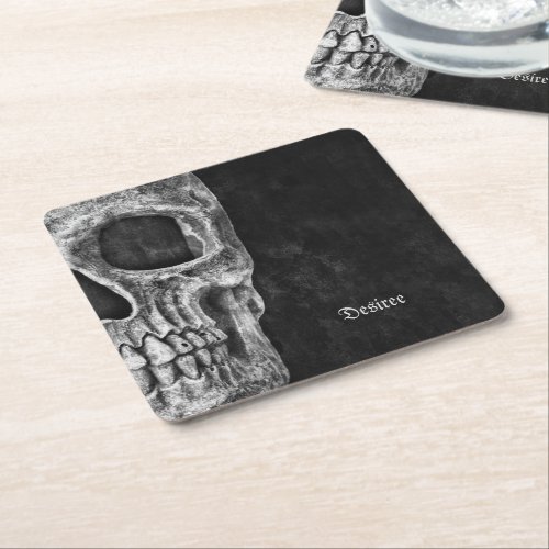 Gothic Cool Half Skull Head Black And White Grunge Square Paper Coaster