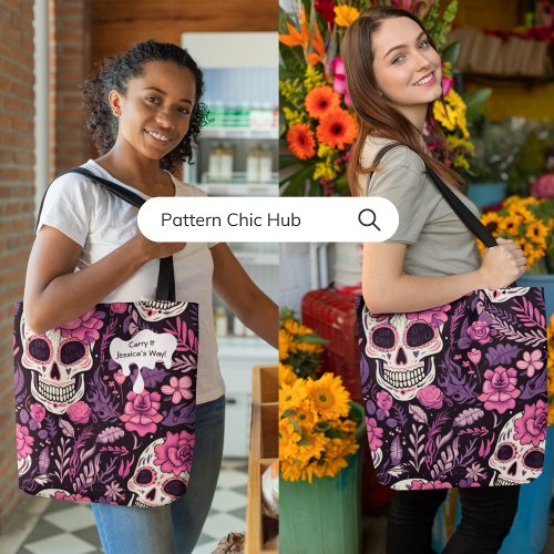 Gothic Cool Sugar Skull Flowers Modern Elegant  Tote Bag