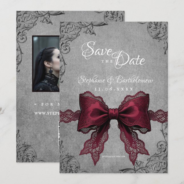 Gothic Coquette Burgundy Bow Photo Save The Date (Front/Back)
