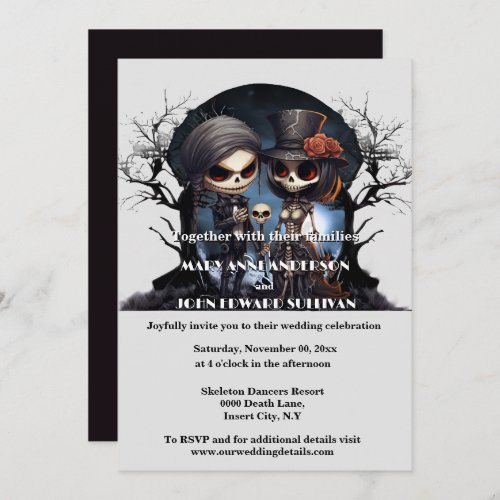 Gothic corpse skeleton couple bride groom invitation