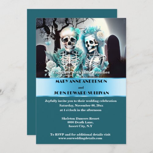 Gothic couple aqua blue skeleton wedding invitation