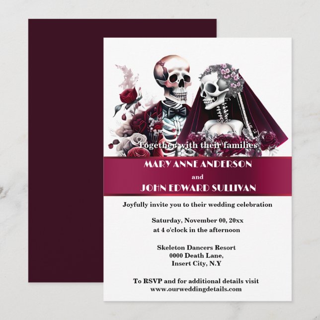Gothic couple burgundy white rose wedding invitation (Front/Back)