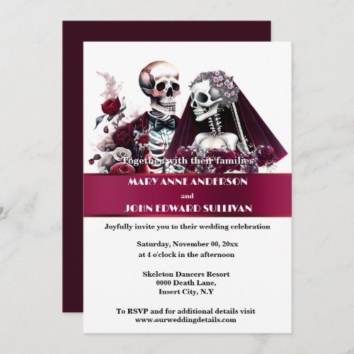 Gothic couple burgundy white rose wedding invitation