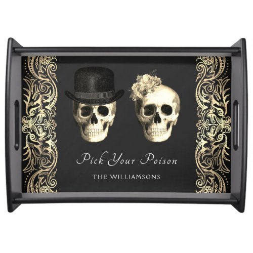 Gothic Couple Skull Roses Halloween Personalized  Serving Tray