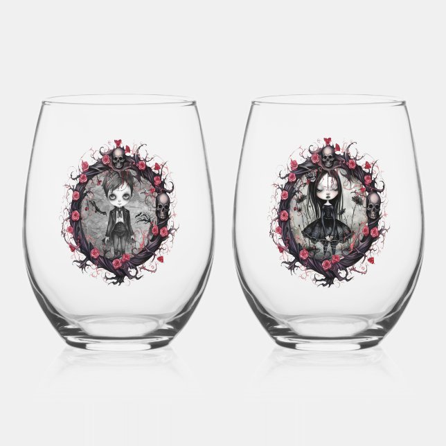 Gothic Couple Skulls and Roses Stemless Wine Glass (Front)