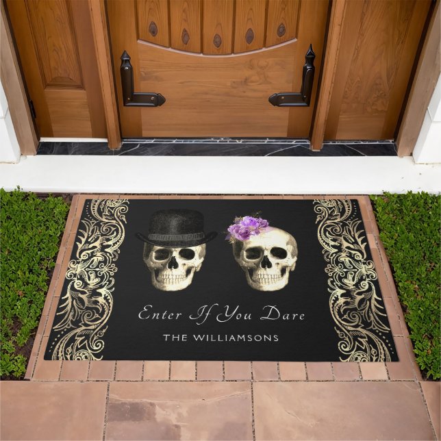 Gothic Couple Skulls Halloween Personalized  Doormat (Outdoor)