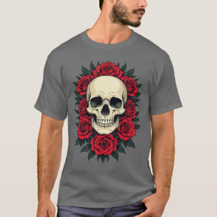 Gothic Cranium Surrounded By Red Roses T-Shirt