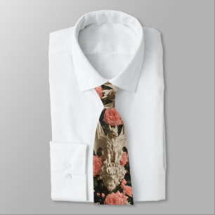 Gothic Cream and Pink Baroque Dragon and Roses Neck Tie