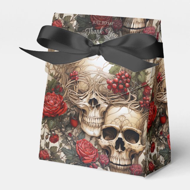 Gothic Cream and Red Skulls Roses Biker Wedding Favor Boxes (Front Side)