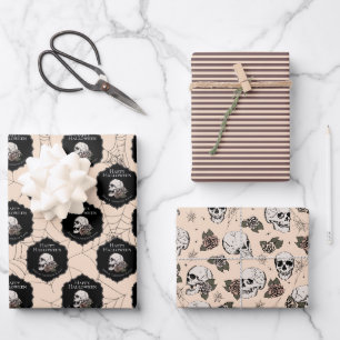Gothic Cream Skulls and Stripes Halloween  Wrapping Paper Sheets