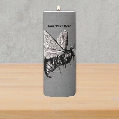 Gothic Creepy Bee Illustration Skull on Wings Grey Pillar Candle