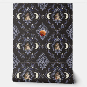 Gothic Crescent Moon Maiden Blue Damask Wallpaper