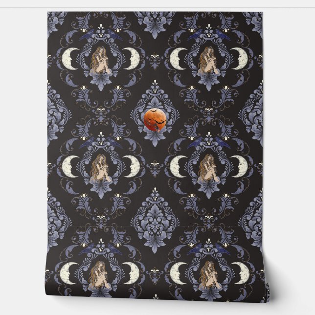 Gothic Crescent Moon Maiden Blue Damask Wallpaper (Unrolling)
