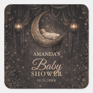 Gothic Crescent Moon Stars Baby Shower Square Sticker