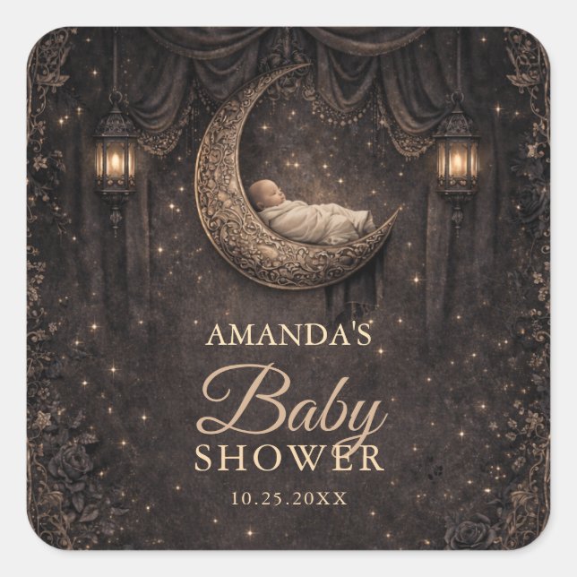 Gothic Crescent Moon Stars Baby Shower Square Sticker (Front)