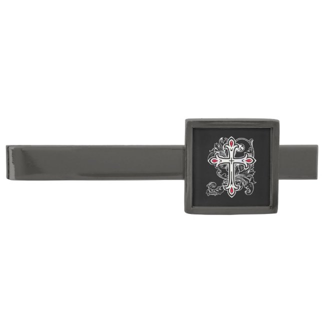 Gothic cross gunmetal finish tie bar (Front)