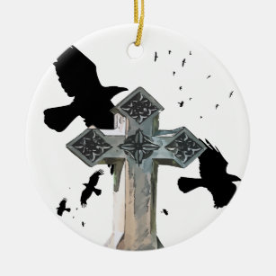 Gothic Cross Headstone With Crows and Ravens Ceramic Ornament