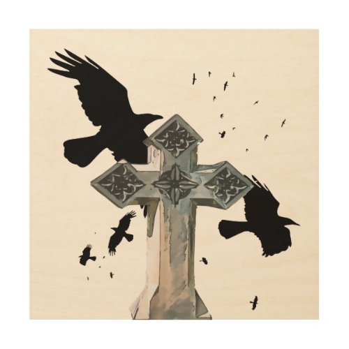 Gothic Cross Headstone With Crows and Ravens Wood Wall Art