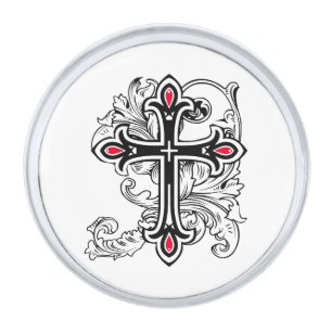 Gothic cross silver finish lapel pin