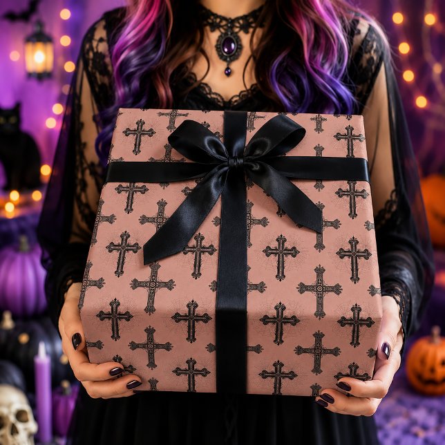 Gothic Cross & Spider Web Pink Halloween Pattern Wrapping Paper (Creator Uploaded)