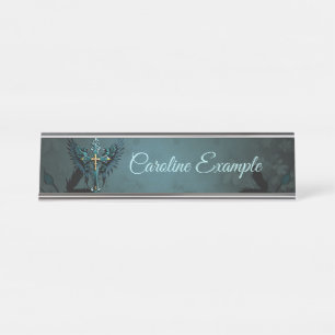 Gothic cross with decorative elements and birds. desk name plate